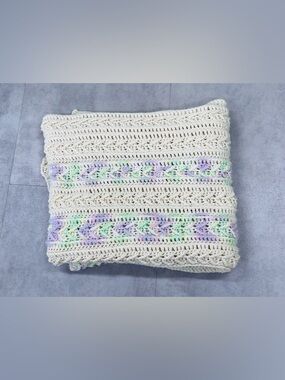 Vintage Handmade‎ Crochet Afghan Blanket 80X34 Granny Square Throw White Purple